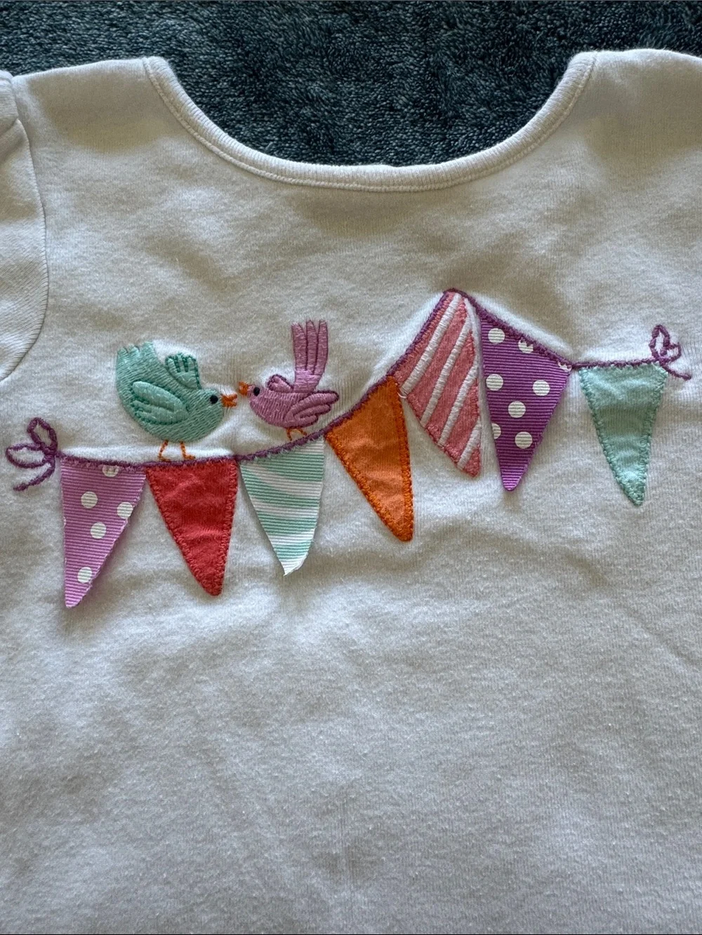 Gymboree White Short Sleeve Tee with Colorful Banner & Bird Appliques